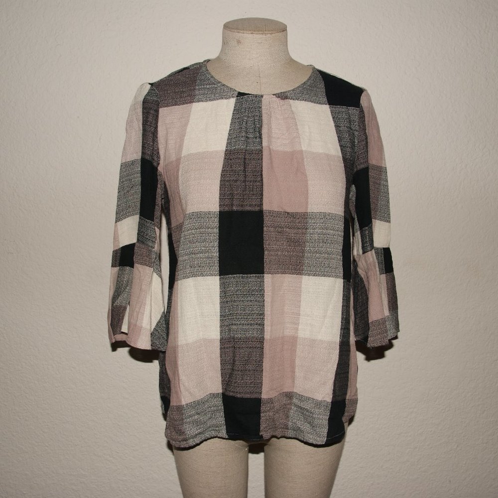 Anthro RO & DE Bell Sleeve Plaid Tie-Back Top sz S - Picture 3 of 10